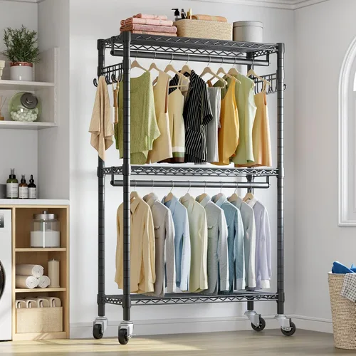 Vista 3 de VIPEK R2 Perchero de ropa resistente para colgar ropa, estante de prendas rodante ajustable con barras dobles y ganchos, armario independiente