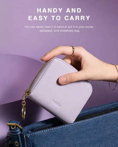 Vista 3 de Vulkitty Cartera pequeña para mujer con bloqueo RFID con cremallera alrededor de la funda triple compacta de cuero para tarjetas con bolsillo