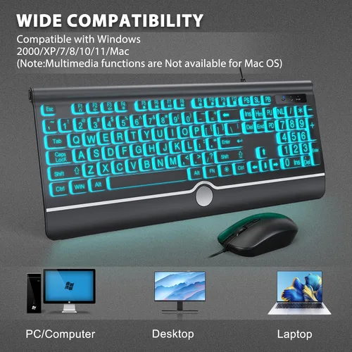 Vista 7 de Combo de teclado y ratón con cable - Teclado retroiluminado con letras grandes, teclado USB silencioso con cable y ratón óptico para Windows, PC