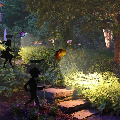 Vista 4 de Paquete de 2 luces solares de jardín, siluetas LED de paisaje para niño y niña, decoración de metal para exteriores, para jardín, paisaje, camino