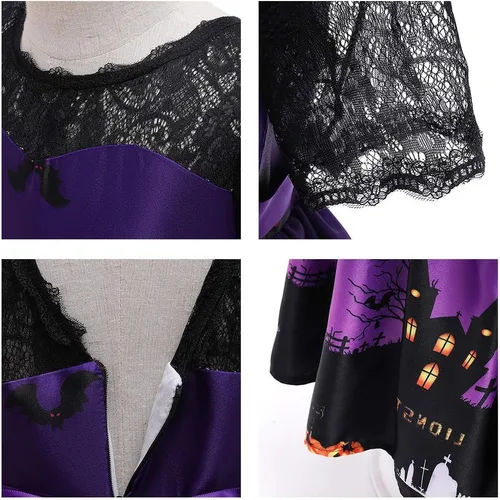 Vista 5 de IZKIZF Disfraz de fiesta de Halloween para niñas y niñas, bruja, fantasma, calabaza, calavera, cosplay, trajes de disfraces con sombrero de bruja