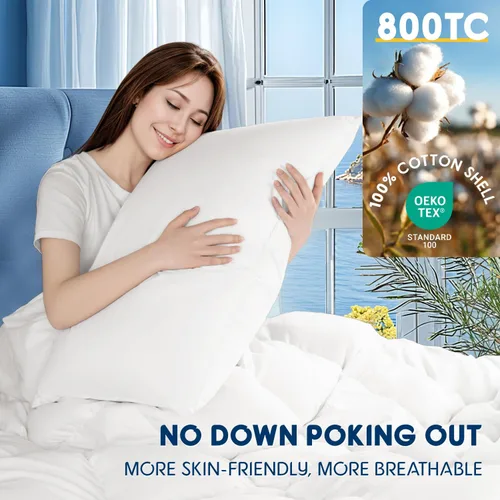 Vista 2 de Almohada de plumón de ganso blanco canadiense de lujo, tamaño estándar, 750+ potencia de relleno, funda de algodón de 800 hilos, almohadas de plumón