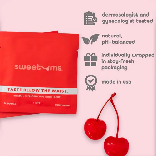 Vista 3 de Toallitas femeninas Sweetums para mujeres, envueltas individualmente - Toallitas íntimas con sabor y pH equilibrado - Paquete de 10 (cereza)