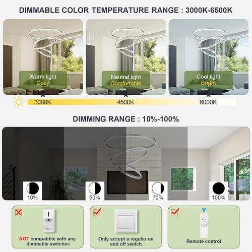 Vista 80 de Benkut Lámpara de Araña de Anillo LED Moderna Negra para Comedor, Lámpara de Araña de Techo Circular Empotrada Regulable con Control Remoto