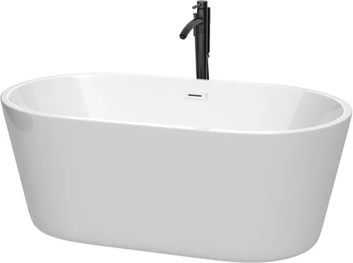 Vista 15 de Carissa - Bañera independiente de 60 pulgadas en color blanco con grifo montado en el suelo, desagüe y desbordamiento en negro mate