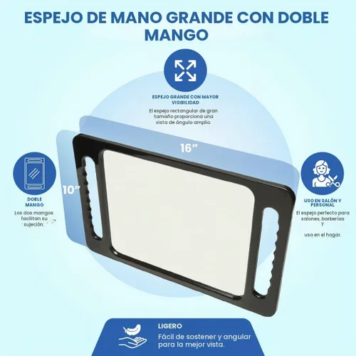Vista 2 de Espejo de mano grande con doble mango - Espejo de mano rectangular negro