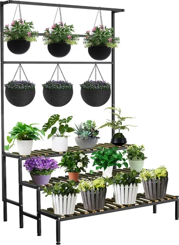 Vista 8 de Soporte colgante de 3 niveles para plantas interiores, estante de metal de 68 pulgadas de alto para múltiples plantas de interior, soporte grande