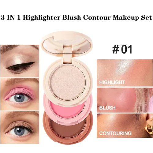 Vista 2 de Trío mezclable 3 en 1, paleta de maquillaje de contorno y rubor, bronceador crema, rubor en polvo suave y sedoso, polvo de maquillaje iluminador 01
