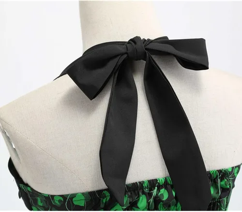 Vista 7 de Vestido vintage de los años 1950 para mujer, vestido retro de cóctel, vestido con vuelo y cintura elástica con estampado de trébol de cuatro hojas