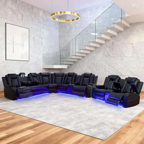 Vista 10 de Juego de sofá modular reclinable eléctrico para sala de estar, juego de sofá reclinable de cuero con luces LED / almacenamiento oculto, sofá