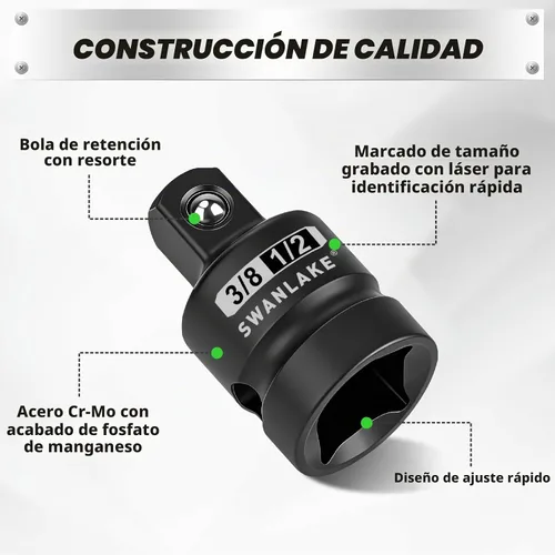 Vista 4 de Juego de adaptadores giratorios de impacto de 7 piezas, 1/4" 3/8" 1/2" Drive Universal Joint Socket Set CR-MO Steel, reductor de enchufes de junta