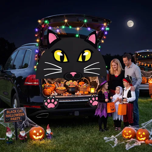 Vista 5 de JOYIN Kit de decoración de Halloween para maletero o golosinas, lindas calcomanías de gato de Halloween, decoraciones negras para SUV, puerta