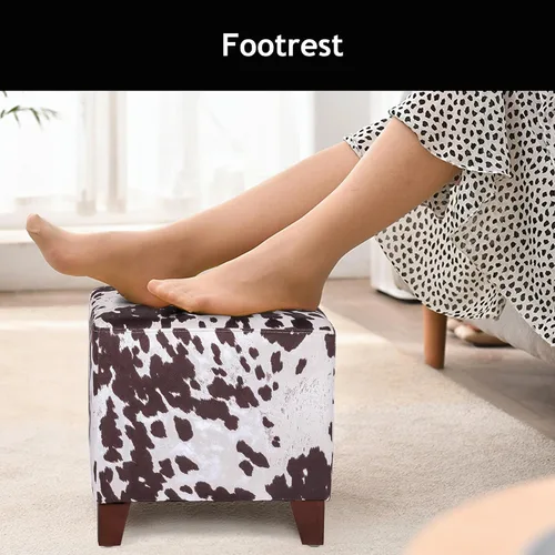 Vista 7 de Adeco Taburete otomano pequeño de 16.3 pulgadas, reposapiés otomano de lino con patas de madera, reposapiés tapizado para sala de estar, dormitorio