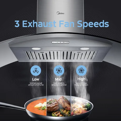 Vista 7 de Midea MVG30W8AST Campana extractora de ventilación de 30 pulgadas con conductos de montaje en pared con ventilador de escape de 450 CFM de 3