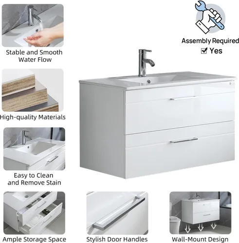 Vista 8 de wonline Juego de tocador de baño montado en la pared de 36 pulgadas, gabinete de almacenamiento con fregadero de cerámica combinado cromado grifo