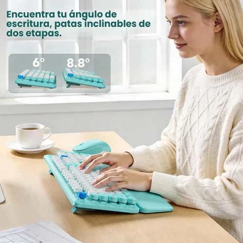 Vista 5 de Combo de teclado y mouse inalámbricos con reposamuñecas magnético, teclas redondas, teclado retro de tamaño completo, patas inclinables de dos Azul