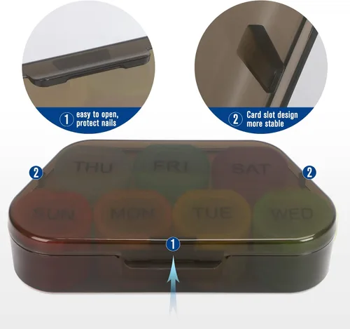 Vista 4 de NatureTouch Organizador semanal de píldoras, organizador de medicamentos sin BPA, arco iris, 7 días, pastillero portátil diario para pastillas
