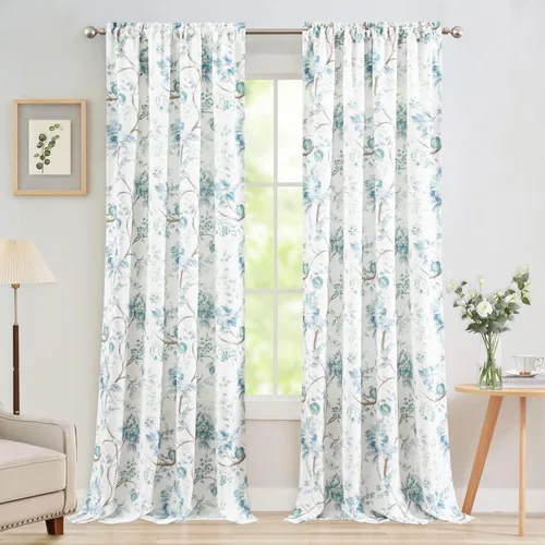Vista 9 de Leeva Cortinas rústicas de cocina con estampado floral verde mezclado de lino para media ventana, para comedor, bolsillo para barra, cafetería