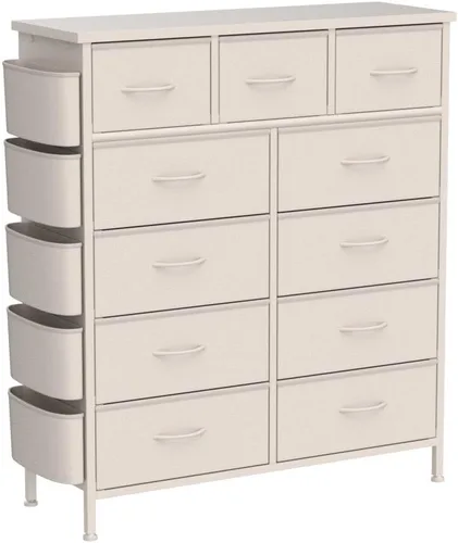 Vista 30 de Cómoda de almacenamiento de tela con 11 cajones para organización del dormitorio, cómoda con estantes profundos, bolsillos laterales y ganchos, Negro