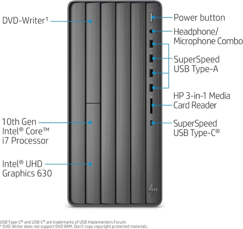 Vista 3 de HP Envy Desktop Intel Core i7-10700 de 10ª generación, 16 GB de RAM, disco duro de 1 TB y SSD de 512 GB, Windows 11 (TE01-1020, negro)