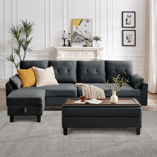 Vista 17 de Sofá en forma de L de 102 pulgadas, sofá con mesa auxiliar otomana, sofá moderno de 4 asientos con funda extraíble para apartamento y sala de estar