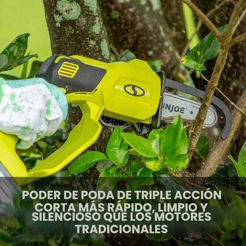 Vista 2 de Sun Joe Mini motosierra inalámbrica iON+ de 24V-HCS-LTE-P1 de 24 voltios, Verde y barra premium SWJ-OIL, aceite de cadena y piñón, lubricación