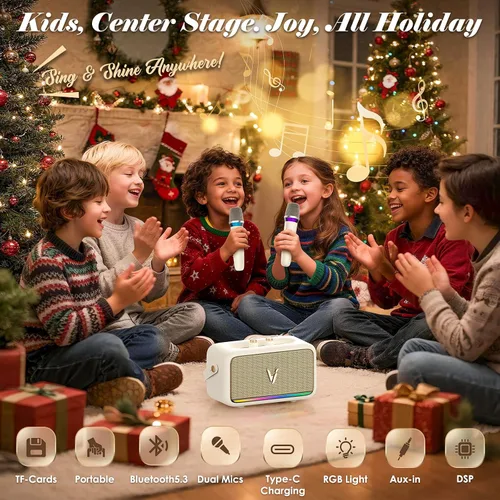 Vista 3 de Máquina de karaoke con 2 micrófonos inalámbricos y envoltura de cuero suave Mini altavoz Bluetooth portátil con 5 modos de cambio de voz