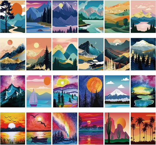 Vista 7 de Sherr Juego de 24 lienzos predibujados para pintar para adultos, lienzo preimpreso a granel, sorbo y pintura, paneles estirados, juego de pintura