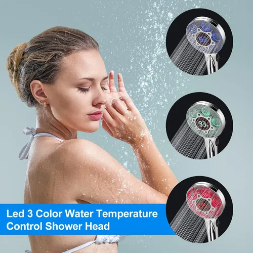 Vista 3 de Cabezal de ducha LED con mango, que cambia de color, cabezal de ducha de alta presión con pantalla de temperatura del agua, cabezales de ducha