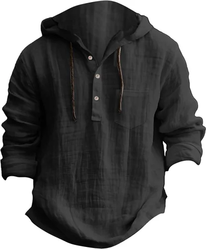 Vista 2 de Camisa de lino con capucha para hombre, manga larga, ligera, con botones, de algodón de ajuste regular, para playa y uso casual