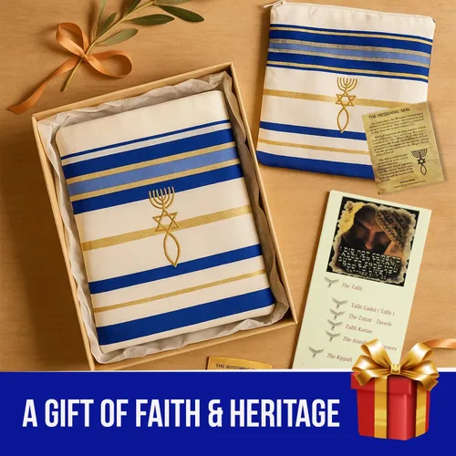 Vista 7 de Holy Land Market Mantón mesiánico de oración Tallit azul reydorado con bolsa, tarjeta y folleto a juego de Israel