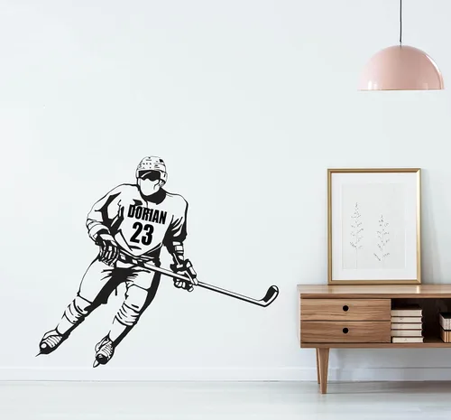 Vista 4 de Calcomanía de pared personalizada de jugador de hockey con nombre y número personalizados, arte de pared de vinilo para entusiastas