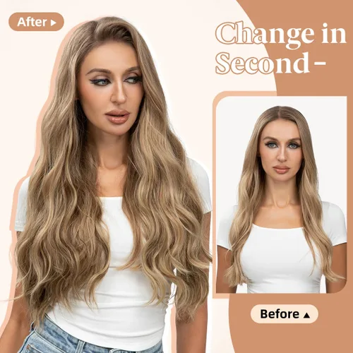 Vista 3 de Extensiones de cabello de alambre transparente invisible con 3 clips seguros, diadema ajustable, tamaño ondulado, rizado, largo, sintético