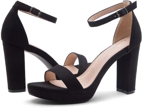 Vista 7 de Shoe Land Enlove - Sandalias de tacón de plataforma para mujer, puntera abierta, correa de tobillo, tacón alto grueso, zapatos de vestir para bodas
