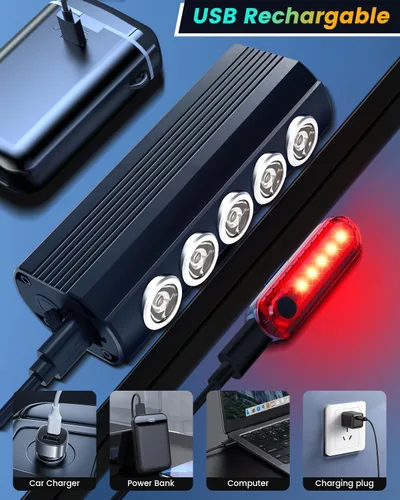 Vista 6 de Super Bright Bike Lights for Night Riding- USB Rechargeable Bicycle Headlights, IPX5 Waterproof Bike Headlight and Taillight, Bicycle Light Set for