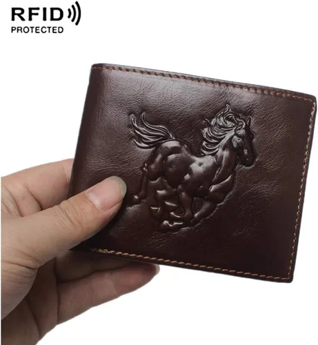Vista 3 de Hombres Cool Eagle Wolf Caballo Totem Cuero Vaca Vertical Cartera Cremallera Multi-tarjeta Titular, Tótem de caballo, Minimalista