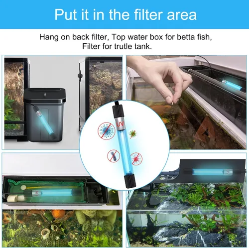 Vista 4 de Luz limpia para acuario, 11 W y 13 W pecera luz limpia con temporizador, máquina de matar verde acuario, lámpara sumergible limpia impermeable