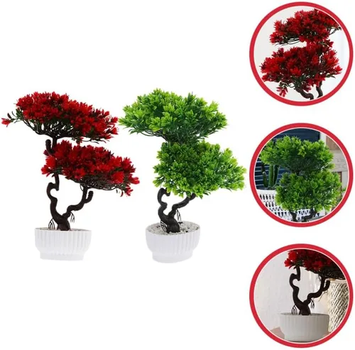 Vista 4 de Vaguelly Árbol de pino artificial, 2 unidades, simulación de 12 pulgadas, planta en maceta de escritorio, árbol falso, adornos de bonsái falsos