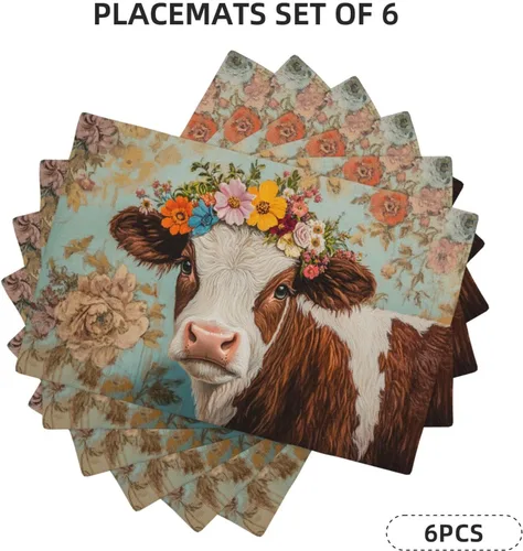 Vista 2 de Juego de 6 manteles individuales de vaca de granja, lavables, diseño floral de vaca de primavera, resistentes al calor, de algodón, lino, para mesa