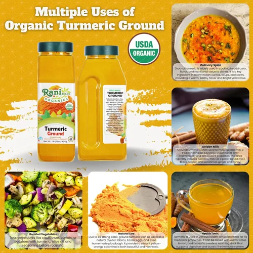 Vista 3 de Rani Polvo de Especias de Raíz de Cúrcuma Orgánica (Haldi), (Alto Contenido de Curcumina) 16oz (1lb) 454g Frasco PET ~ Todo Natural Vegano Apto
