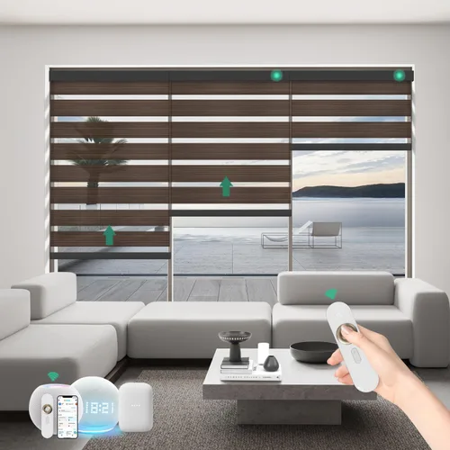 Vista 13 de Persianas motorizadas de cebra con control remoto, funcionan con HomeKit Alexa, cortinas eléctricas automáticas para ventanas, 60% opacas, filtro