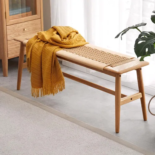 Vista 8 de Banco 100% de madera de roble macizo, diseño tejido a mano, construcción sólida de mortaja y espiga, estructura sólida de patas de silla, bancos