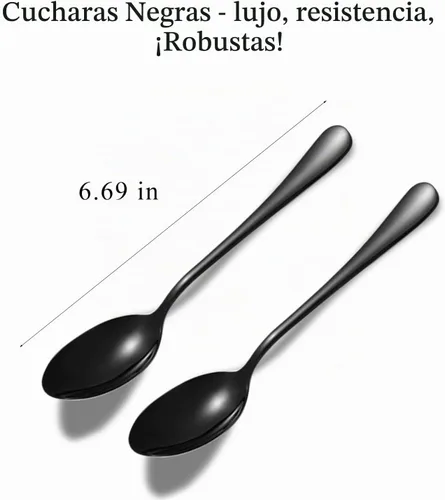 Vista 6 de Cucharas negras, juego de 16 cucharas de acero inoxidable de grado alimenticio, 6.7 pulgadas, acabado espejo y aptas para lavavajillas, nuevos Negro