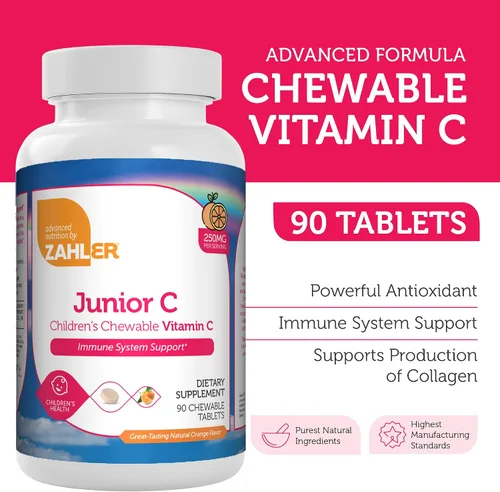Vista 2 de Zahler Junior C Advanced Vitamina C masticable para niños, vitaminas en delicioso sabor a naranja, vitamina C Kosher Kids para inmunidad