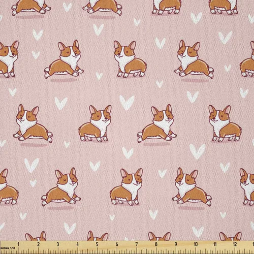 Vista 55 de Ambesonne Tela para Amantes de los Perros por Yarda, Perro Salchicha de Dibujos Animados Dachshund Cachorro con Pijamas a Rayas Flores y Mariposas