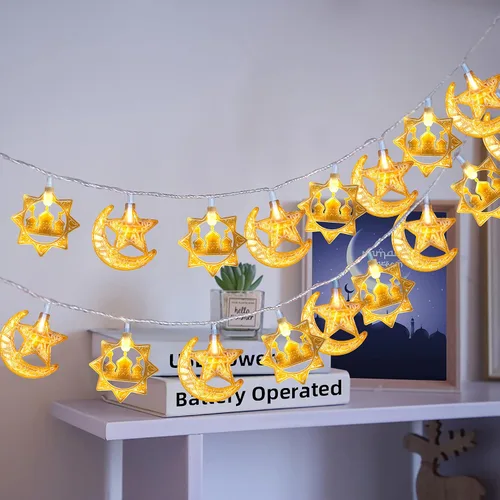 Vista 6 de Guirnalda de luces de Ramadán, estrella, luna, 10 pies, 20 luces LED, funciona con pilas, con 2 modos de iluminación, decoración de Ramadán Kareem