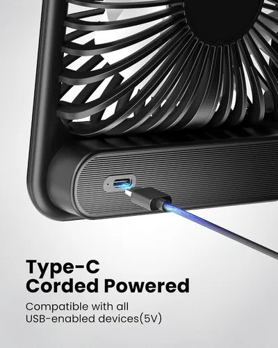 Vista 4 de Koonie - Ventilador de escritorio USB, viento fuerte, ultra silencioso, pequeño ventilador personal con inclinación plegable de 180° y 3 velocidades