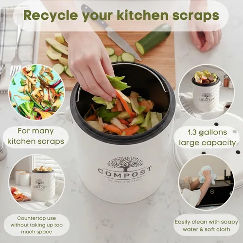Vista 3 de Perfnique Cubo de Compost de Cocina, Cubo de Compost de Encimera de 1.3 Galones con Tapa, Cubo de Compost Interior Incluye Forro de Cubo