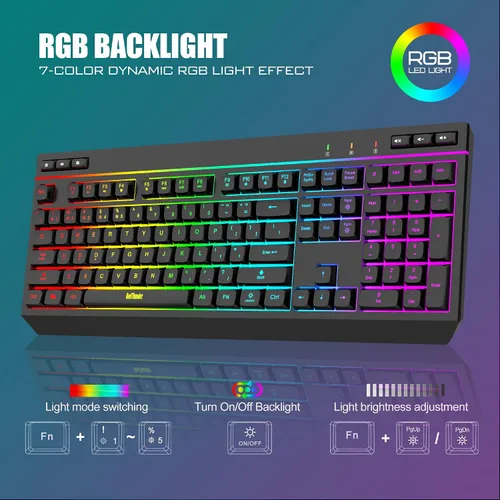 Vista 4 de RedThunder Combo de teclado y mouse inalámbricos K20, teclado antifantasma de tamaño completo con teclas multimedia + mouse óptico 7D 4800DPI, juego