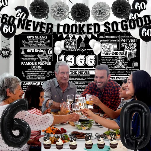 Vista 4 de Crenics Decoraciones de 60 cumpleaños en negro para hombres y mujeres - Telón de fondo de 1966, pancarta, pompones de papel, espirales colgantes